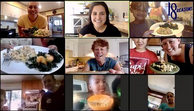 Families participate in a virtual cooking class on Zoom.