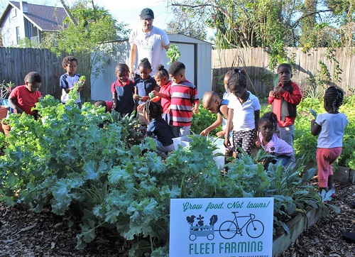 A group of students explore in a vegetable garden.