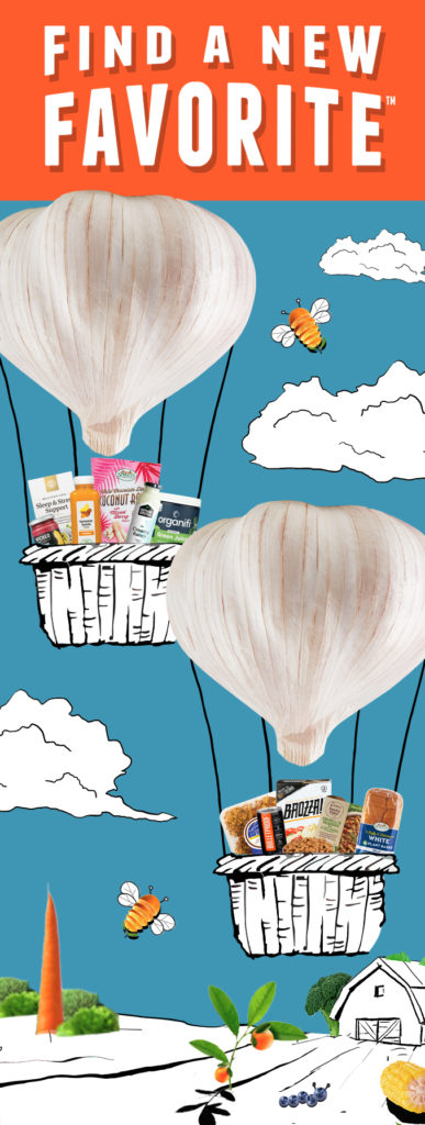 Illustration of hot air balloons with garlic bulb tops and grocery products inside the baskets