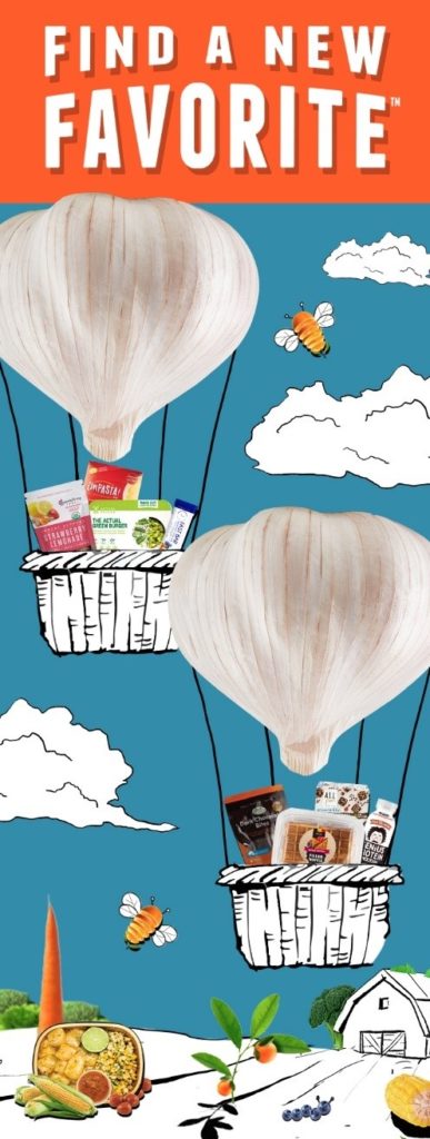 Grocery products in basket of garlic bulb hot air ballons