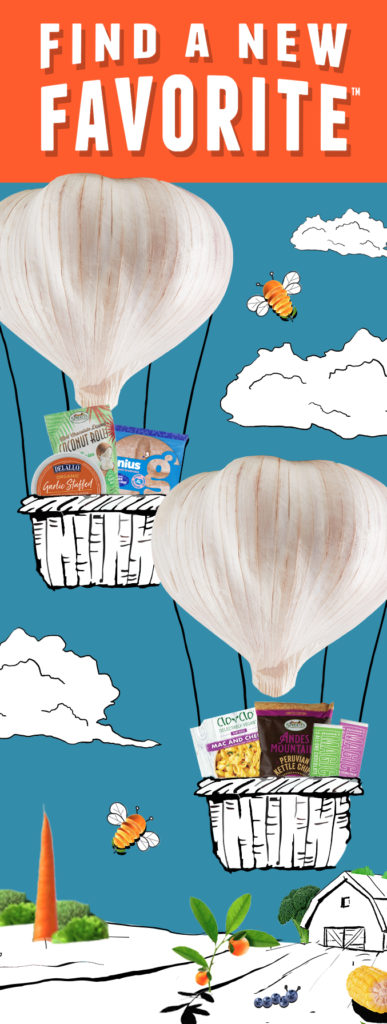 Find a New Favorite icon over an illustration of hot air balloons holding product images