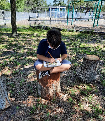 A student with a notebook sits on a tree stump in the school's learning garden.